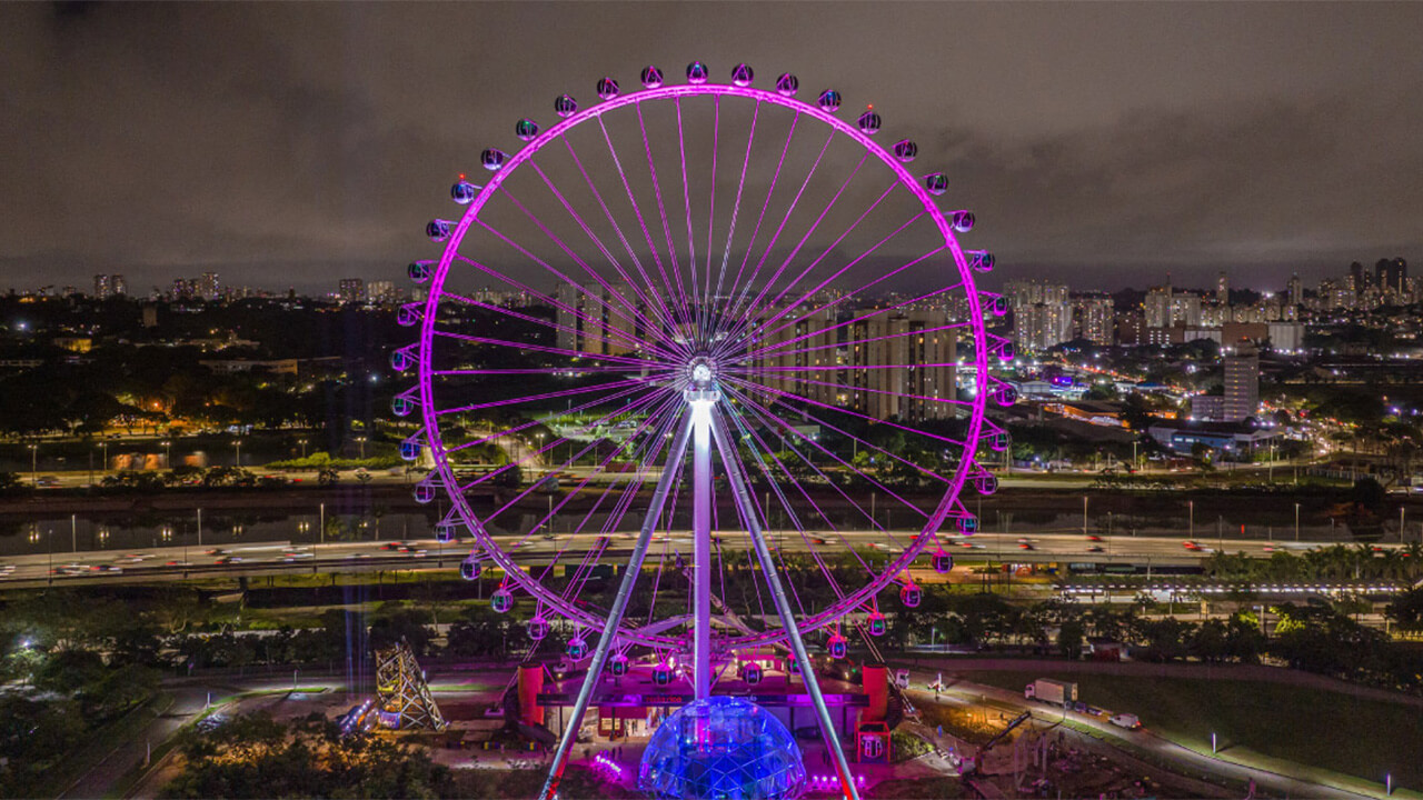 Roda Rico brilhando em luz roxa durante a noite com cidade e parque no fundo
